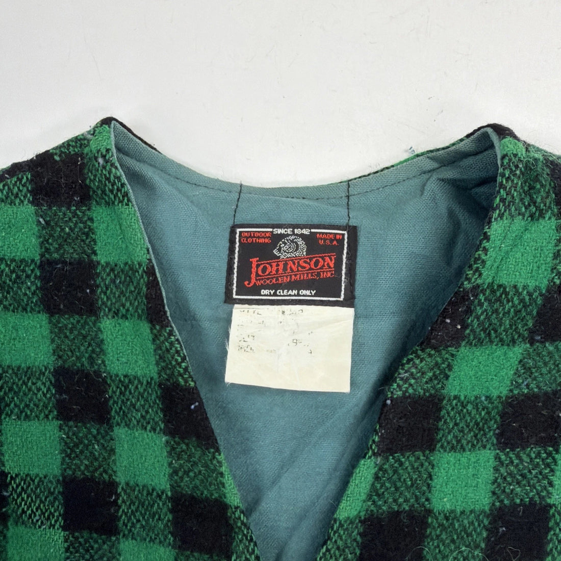 Vintage Johnson Woolen Mills Wool Vest Jacket Size Large Green Buffalo Plaid