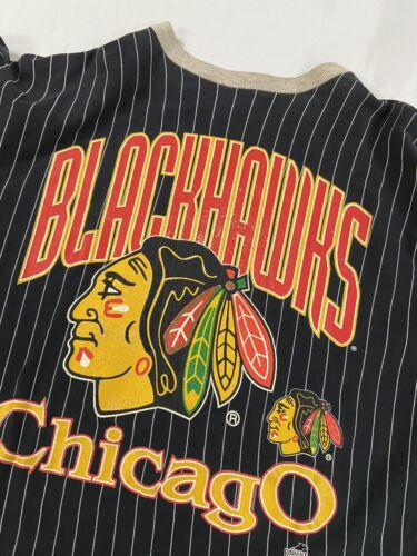 Vintage Chicago Blackhawks On Ice T-Shirt Size Large Black Pinstripe 90s NHL