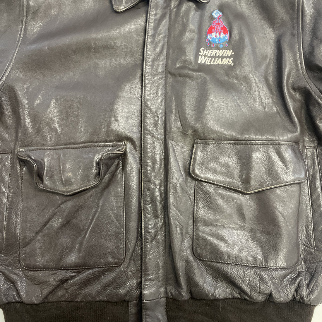 Vintage Sherwin-Williams Leather Bomber Jacket Size Large Brown