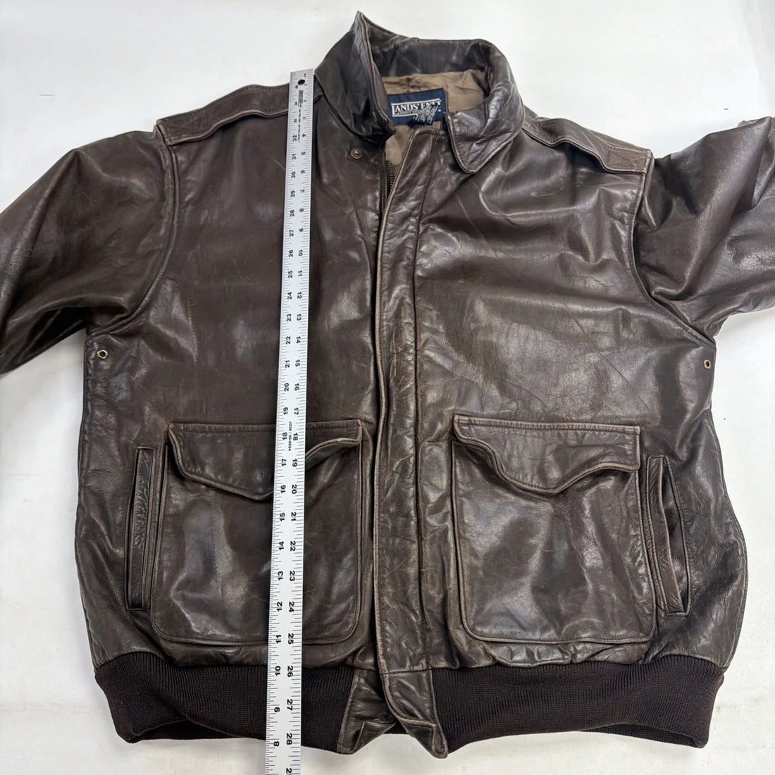Vintage Lands End Leather Bomber Jacket Size Large Tall Brown