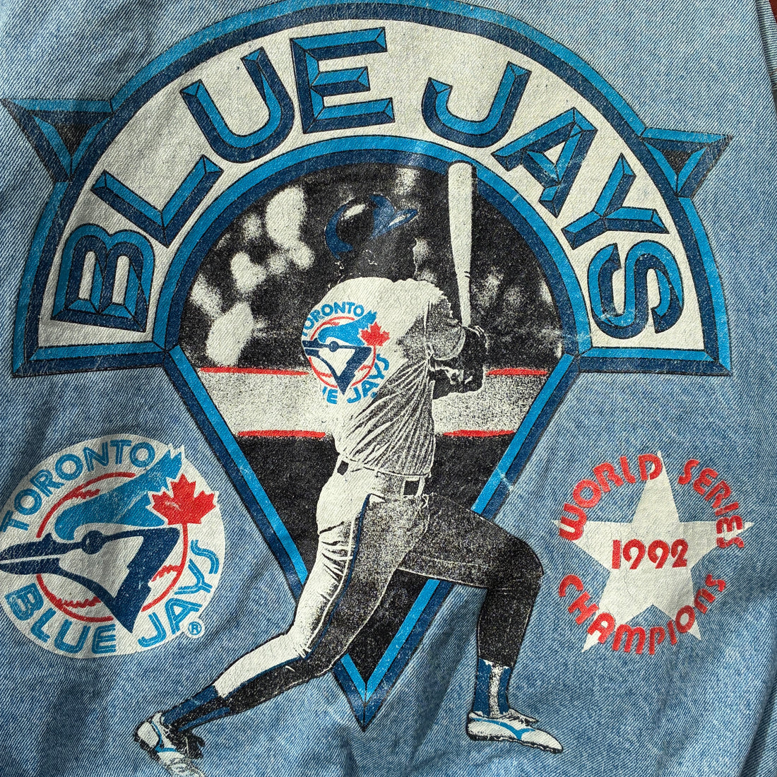1992 Street Legends Toronto Blue Jays World Series Denim Varsity Bomber Jacket M MLB