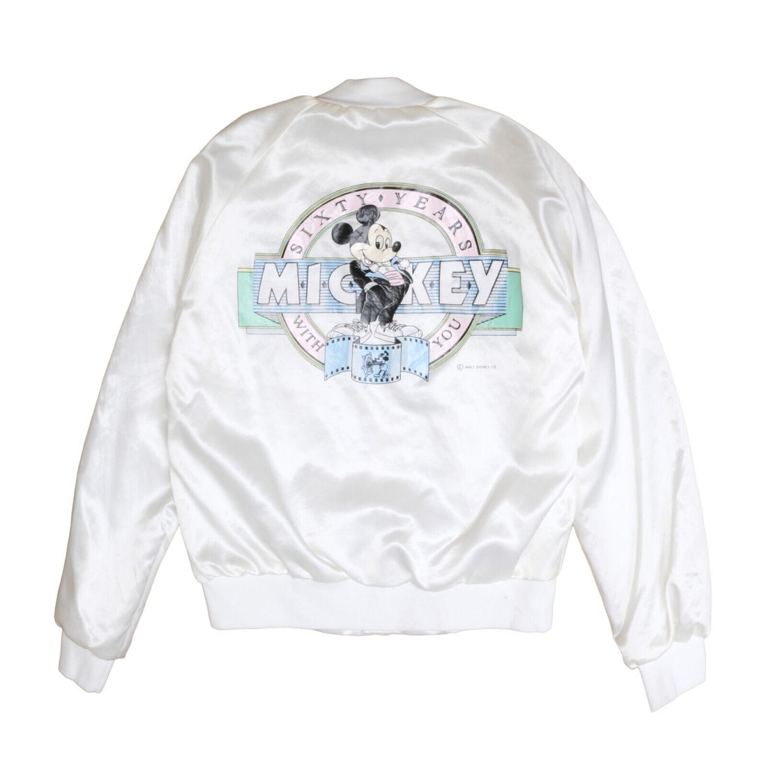 Vintage Mickey Mouse Chalk Line Satin Bomber Jacket Size Small White Disney