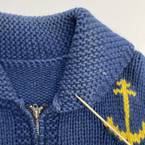 Vintage Sailboat Anchor Nautical Wool Knit Cowichan Sweater Medium Lightning Zip