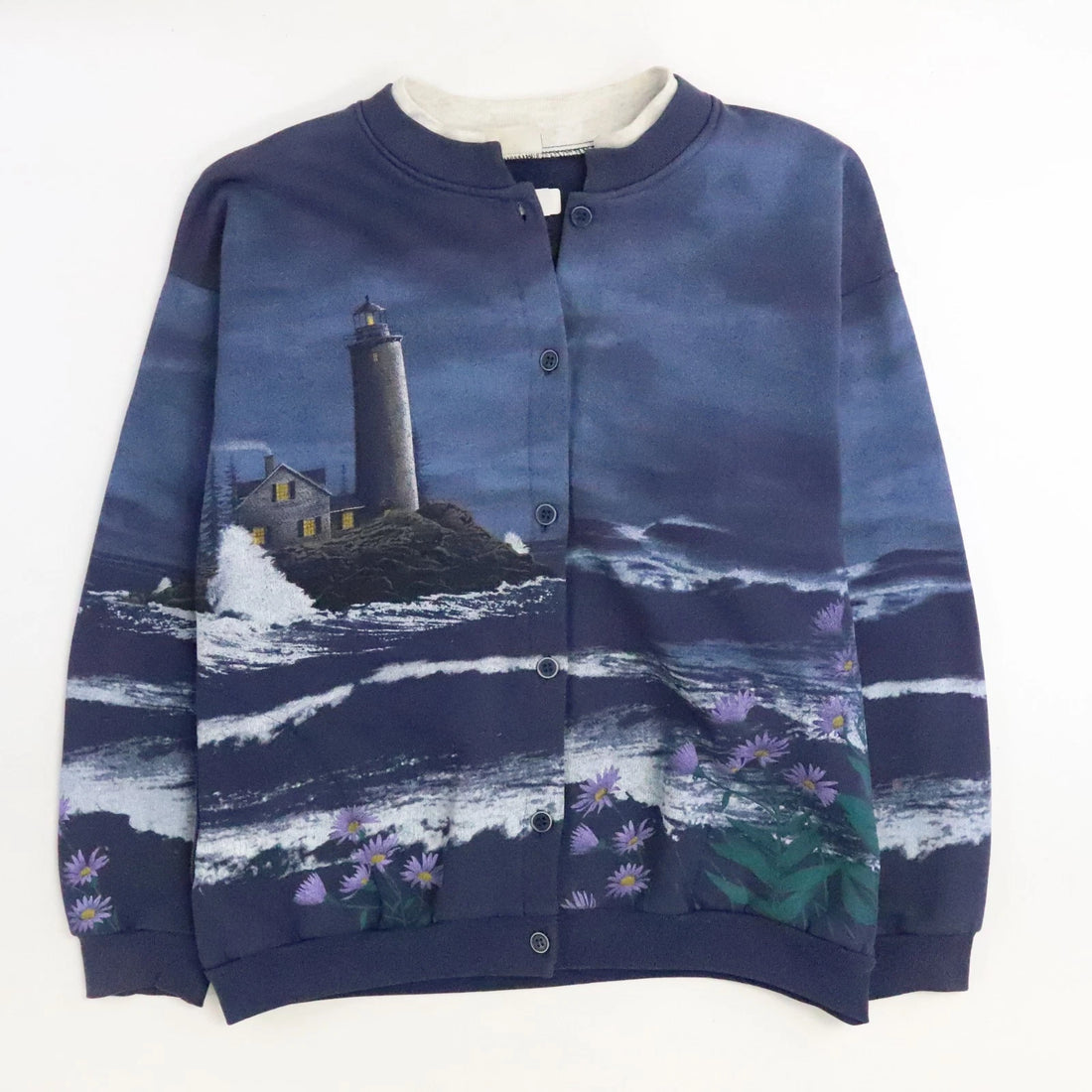 Vintage Lighthouse Cardigan Sweatshirt Size Large All Over Print