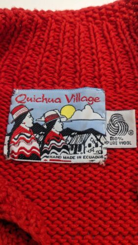 Vintage Quichua Village Boat Sailing Wool Knit Cardigan Sweater Size Medium Red