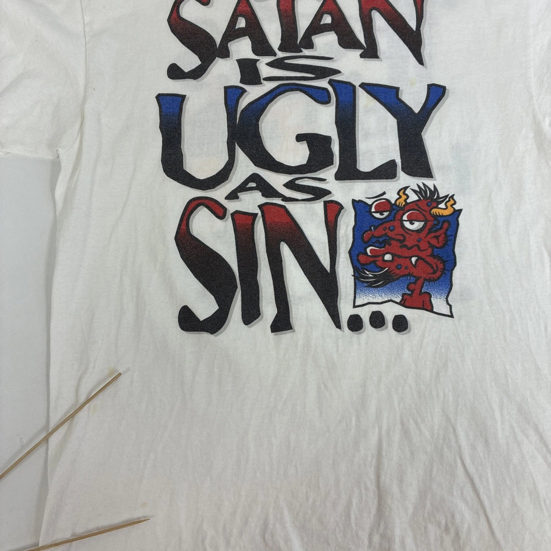 Vintage Satan Is Ugly As Sin Cuz Jesus Beat Him With A Stick T-Shirt Size Large