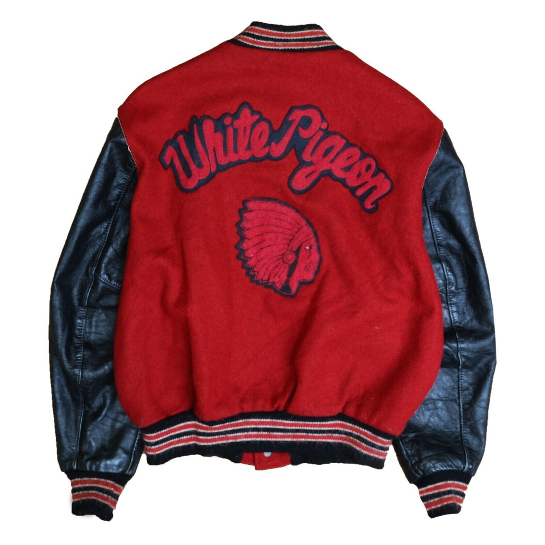 Vintage White Pigeon Chief Head Leather Wool Varsity Jacket Size 42 Red