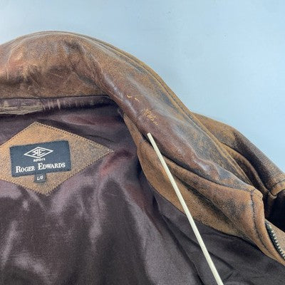 Vintage Roger Edwards Leather Bomber Jacket Size Large Brown