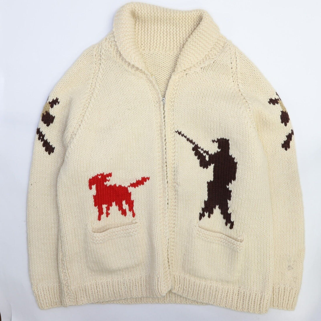 Vintage Pheasant Hunting Dog Wool Cowichan Sweater Size Large