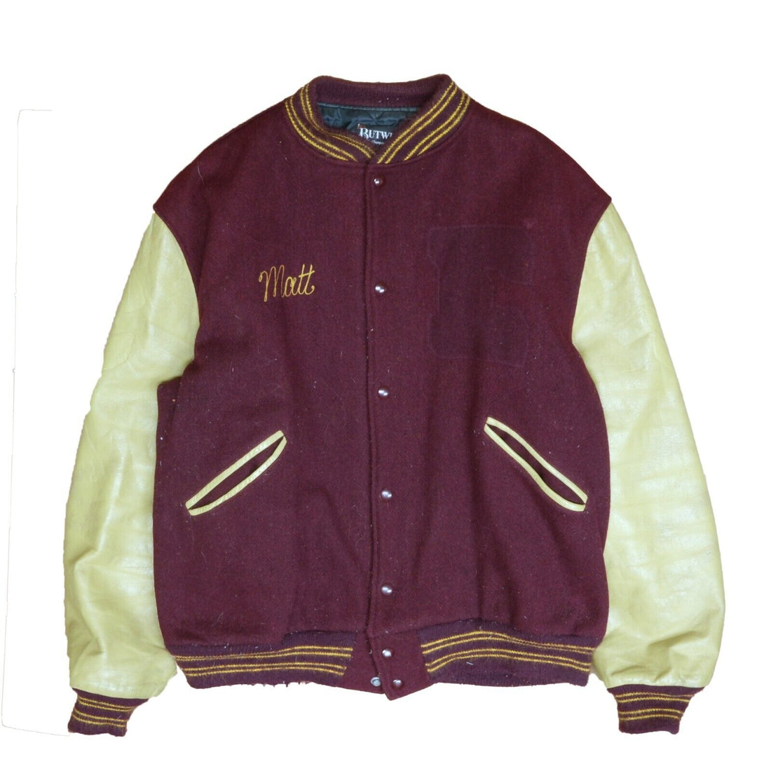 Vintage Butwin Leather Wool Varsity Jacket Size 48 Burgundy 80s