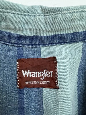 Vintage Wrangler Aztec Western Striped Pearl Snap Shirt Size Large Blue
