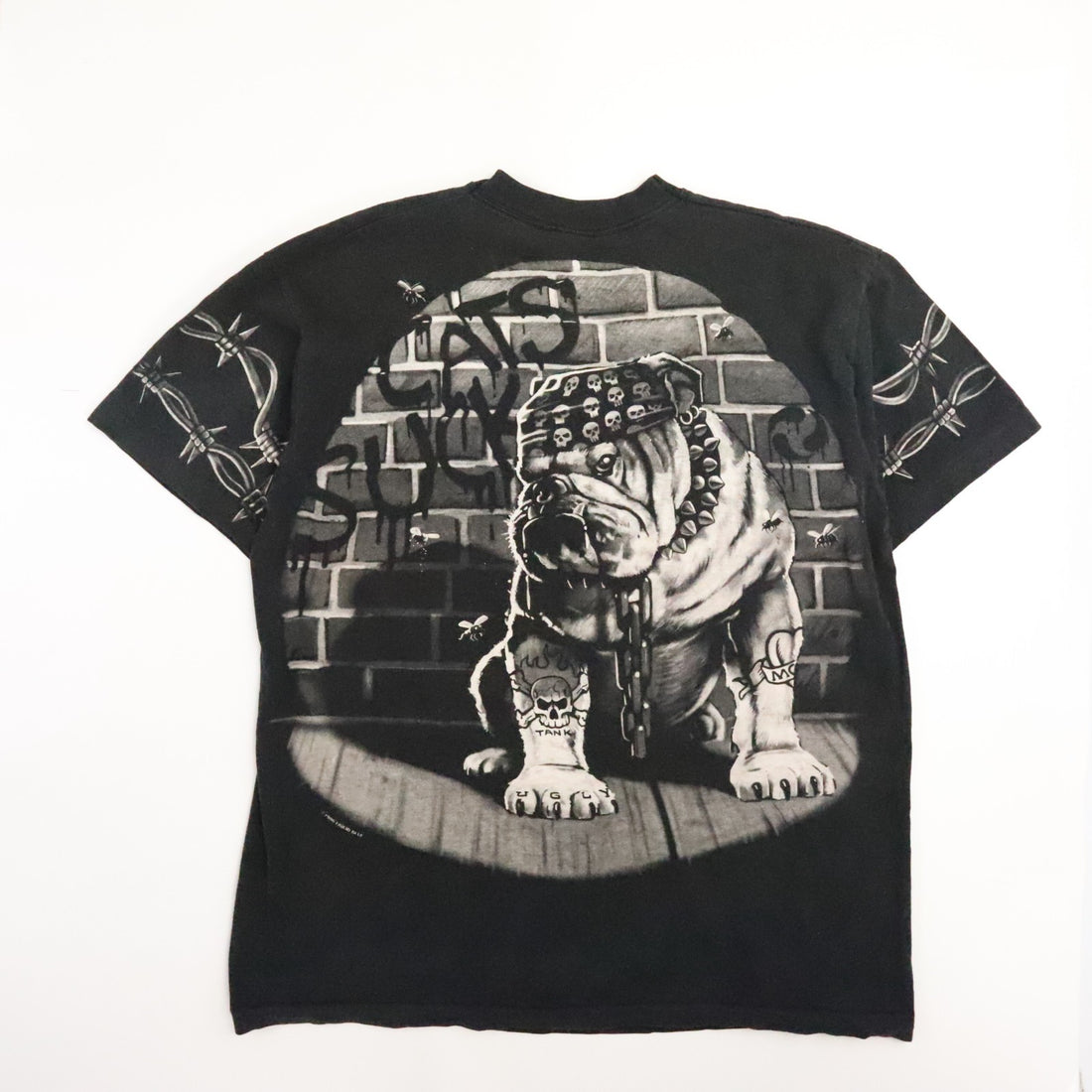 Vintage Bull Dog Cats Suck Liquid Blue T-Shirt Size XL All Over Print 1996 90s