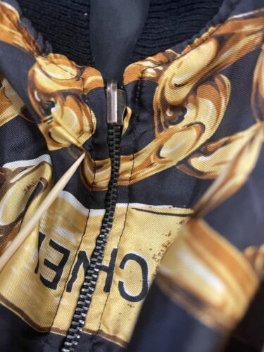 Vintage Chanel Gold Chain Bomber Jacket Size Large All Over Print 80s 90s