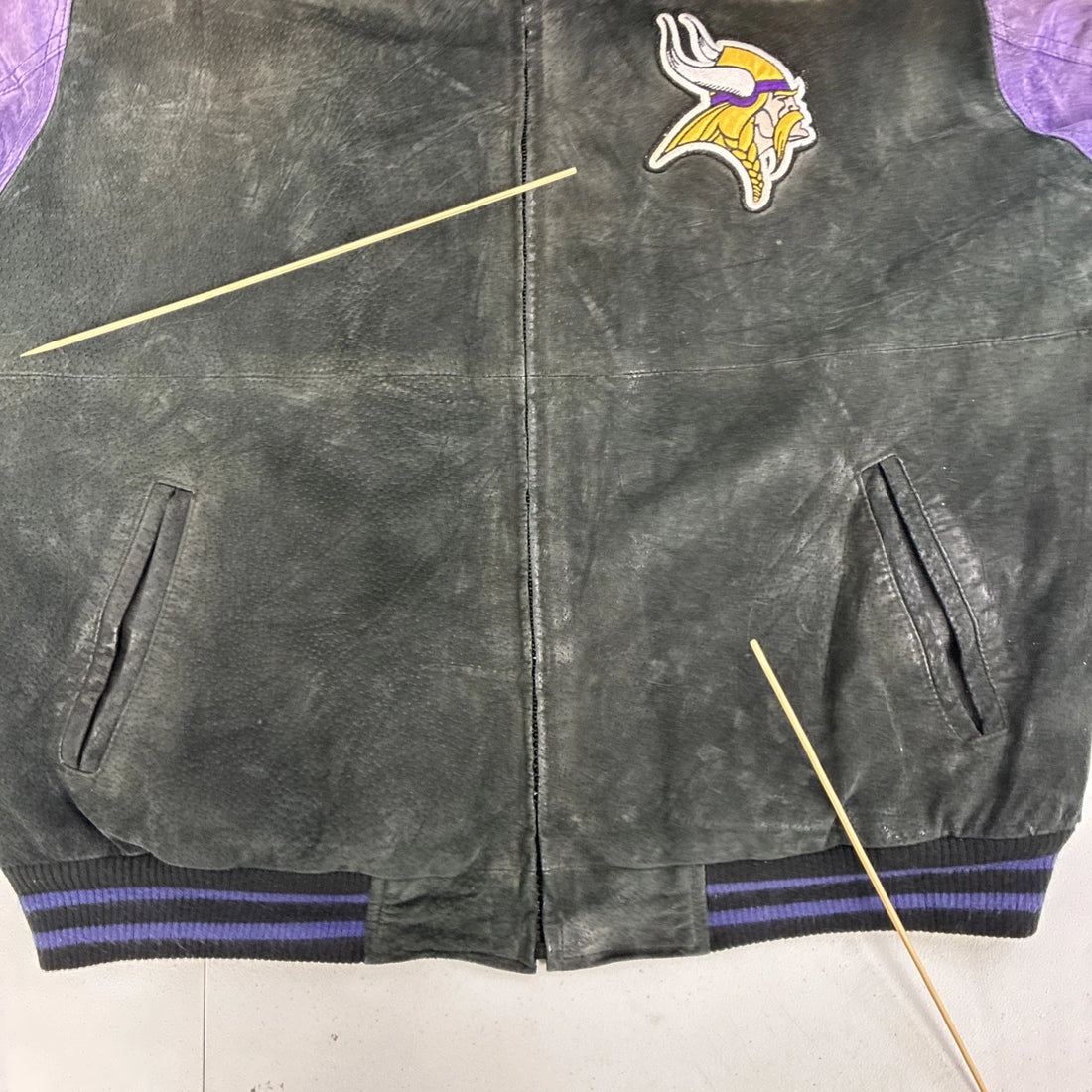 Minnesota Vikings Leather Suede Varsity Bomber Jacket Size Large NFL