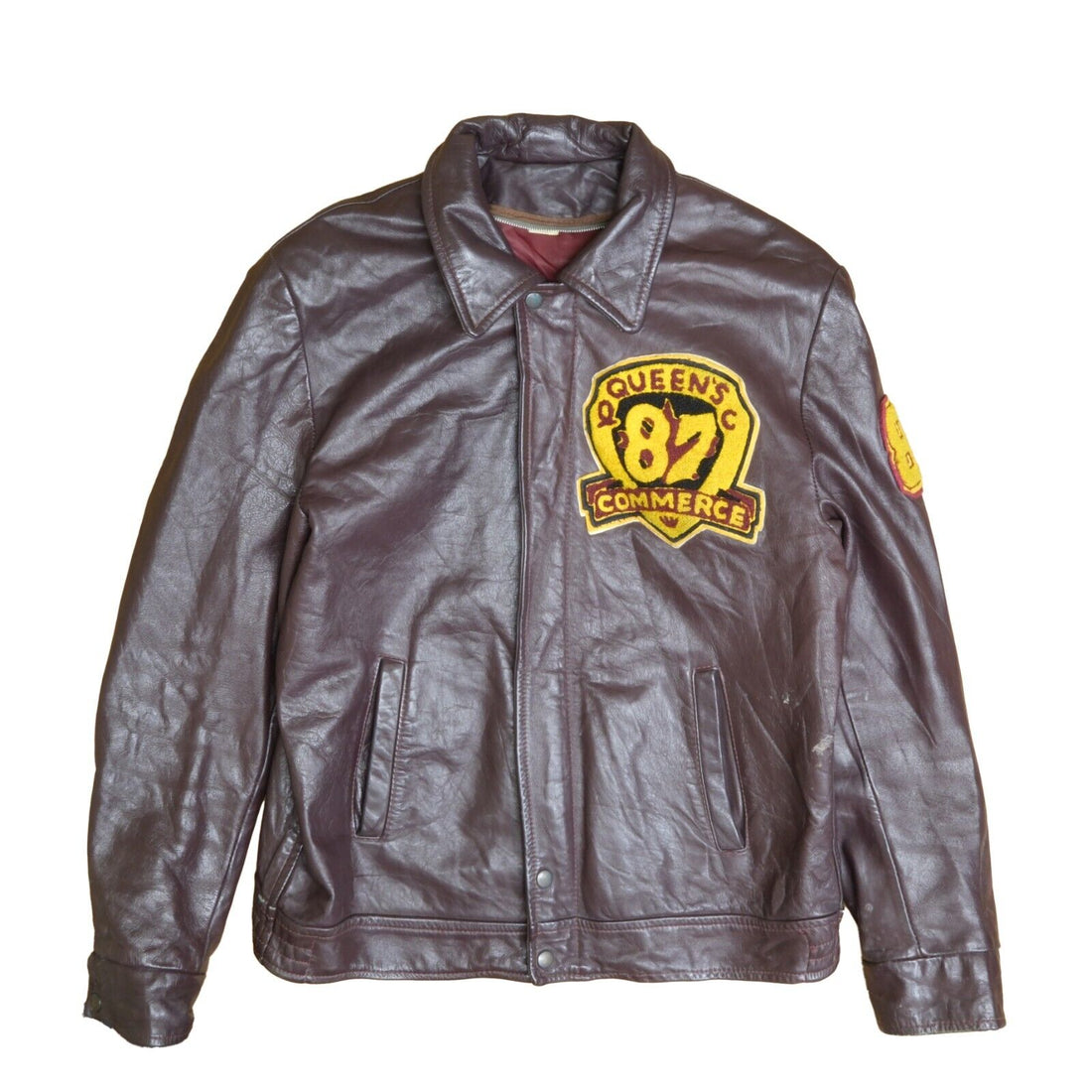 Vintage Queens Commerce Leather Varsity Jacket Size 42 Burgundy 1987 80s