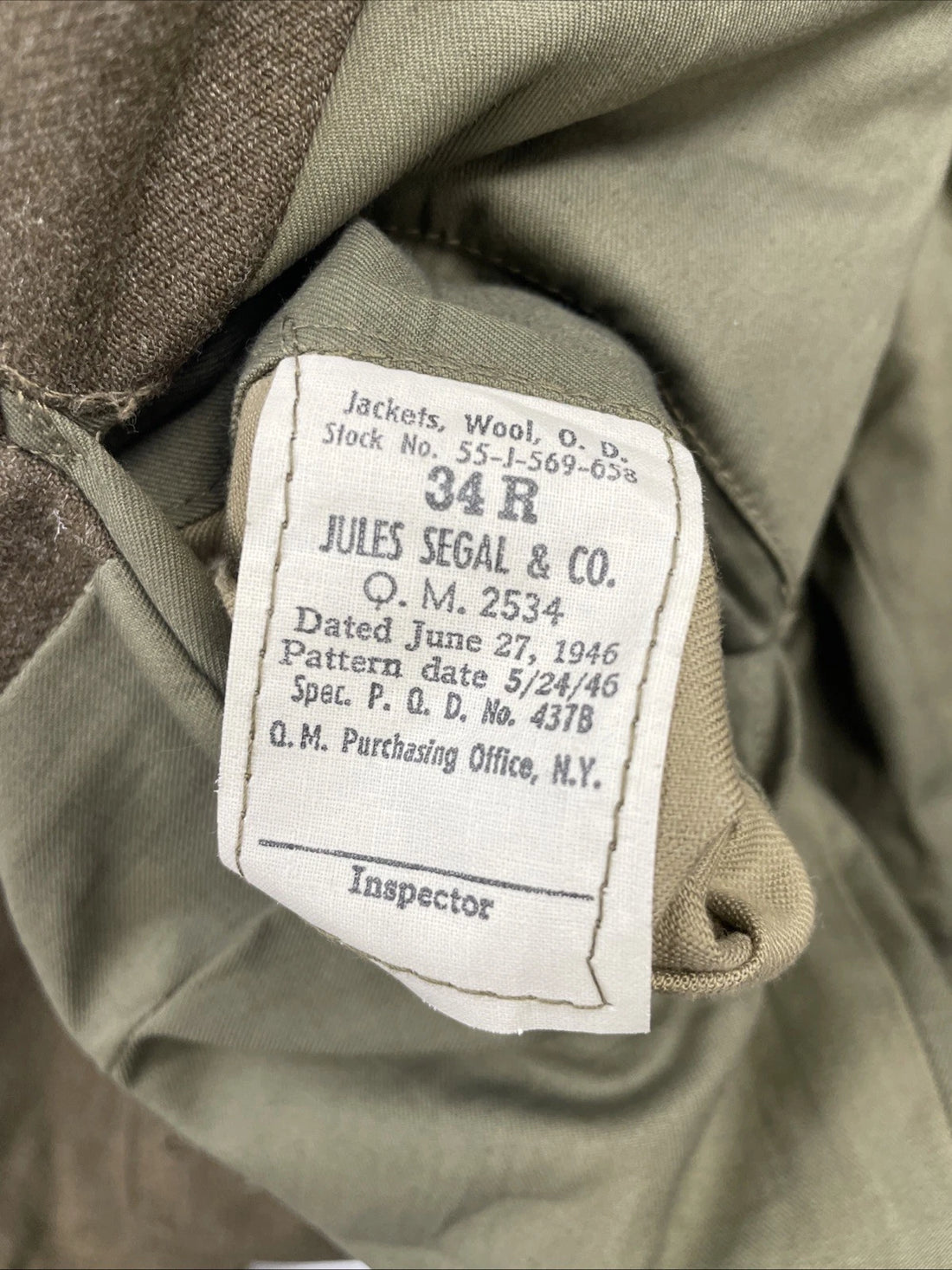 Vintage Military Army Wool Coat Jacket Size 34R O.D. Jules Segal & Co. 1946 40s