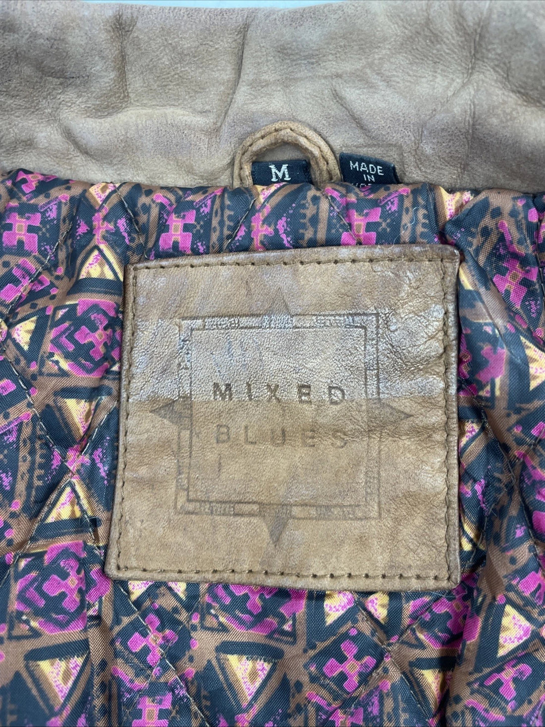 Vintage Mixed Blues Leather Bomber Jacket Size Medium Brown