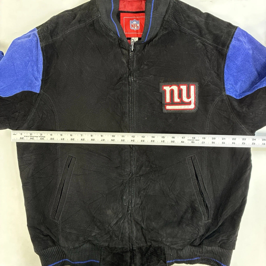 New York Giants Leather Suede Varsity Bomber Jacket Size Medium NFL