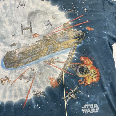 Vintage Star Wars Millennium Falcon Liquid Blue Tie Dye T-Shirt Size XL 90s