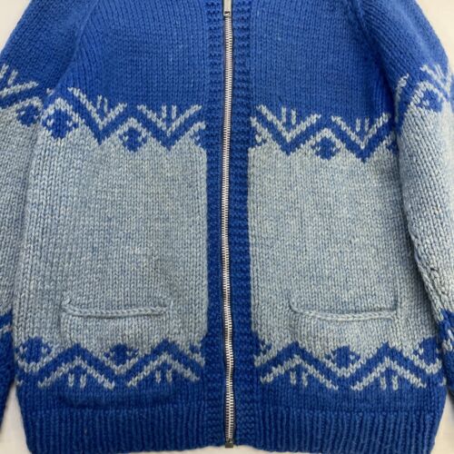 Vintage Wool Knit Cowichan Sweater Size Large Lion Zip Blue