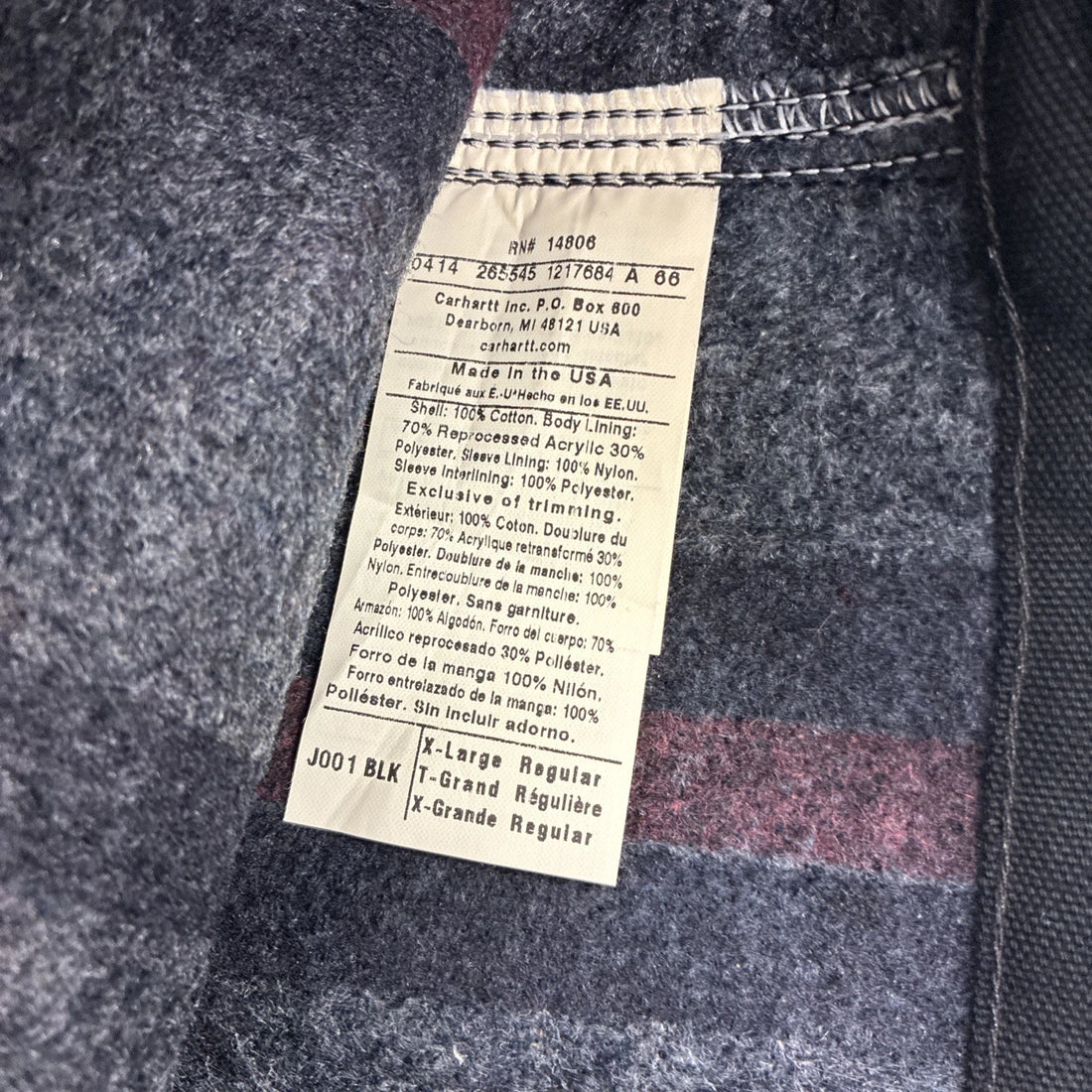 Carhartt Canvas Detroit Work Jacket Size XL Black Blanket Lined J001 BLK
