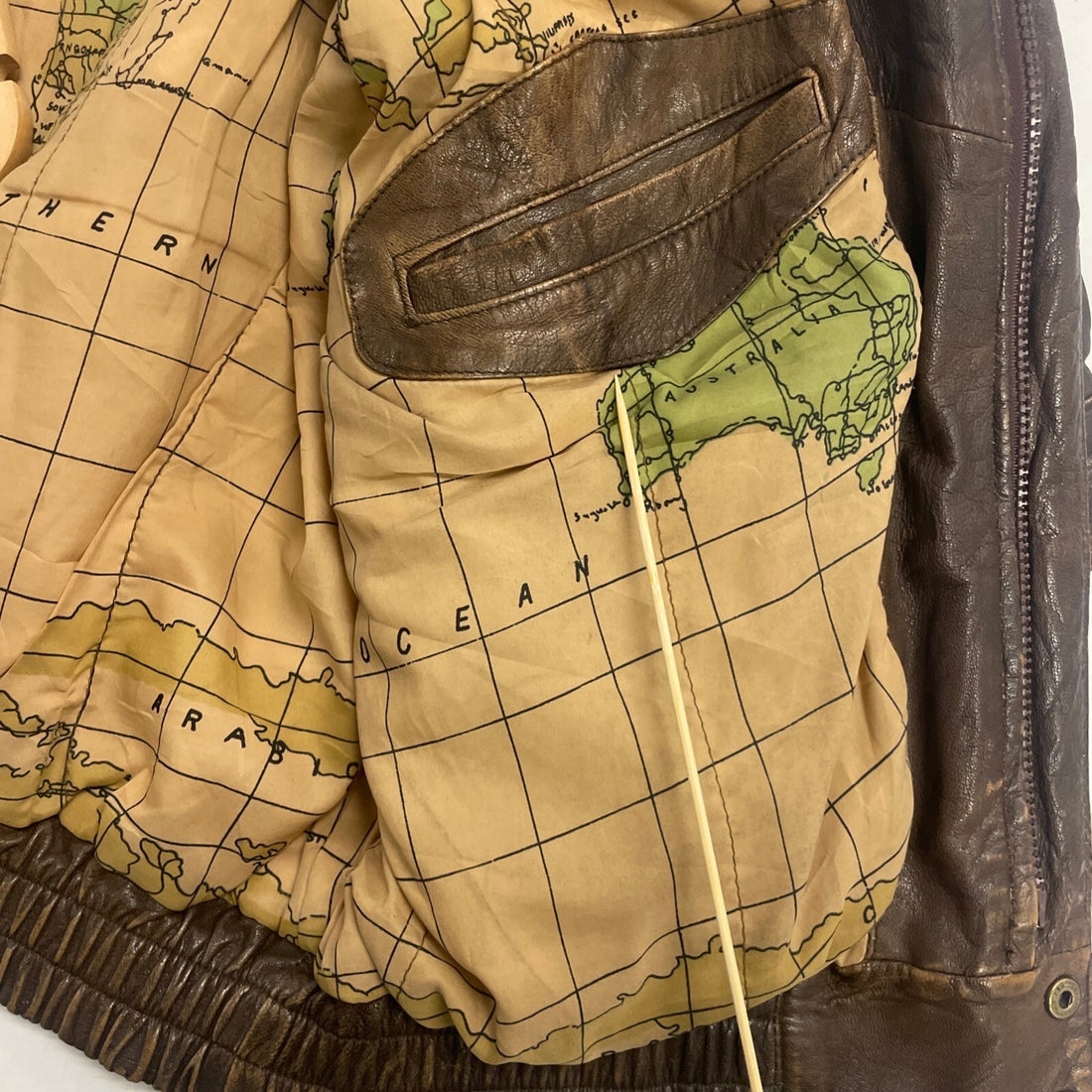 Vintage Map Lined Leather Bomber Jacket Size Large Brown