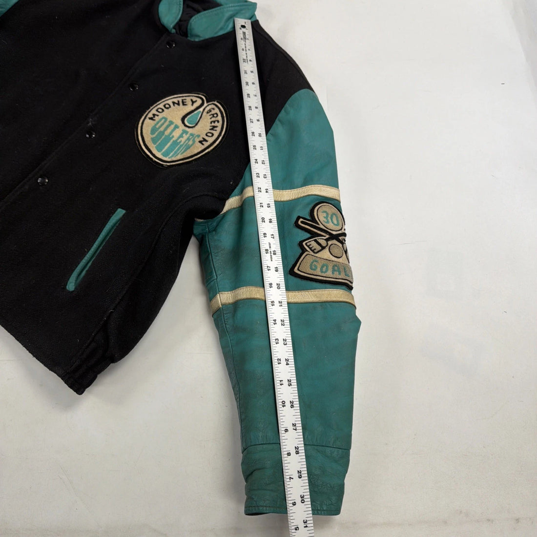 Vintage Mooney Grenon Oilers Leather Wool Varsity Jacket Size 48
