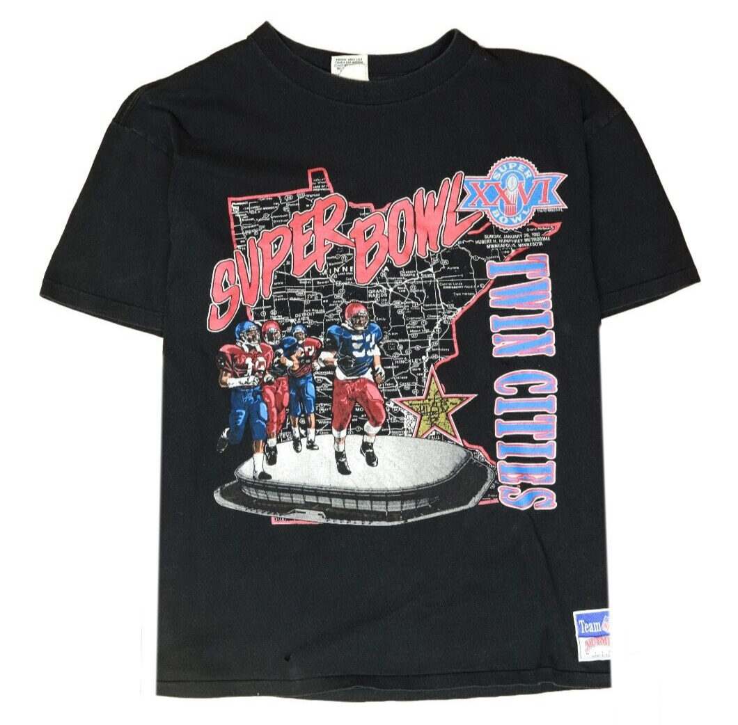 Vintage Super Bowl XXVI Twin Cities T-Shirt Size XL Black NFL 1992 90s