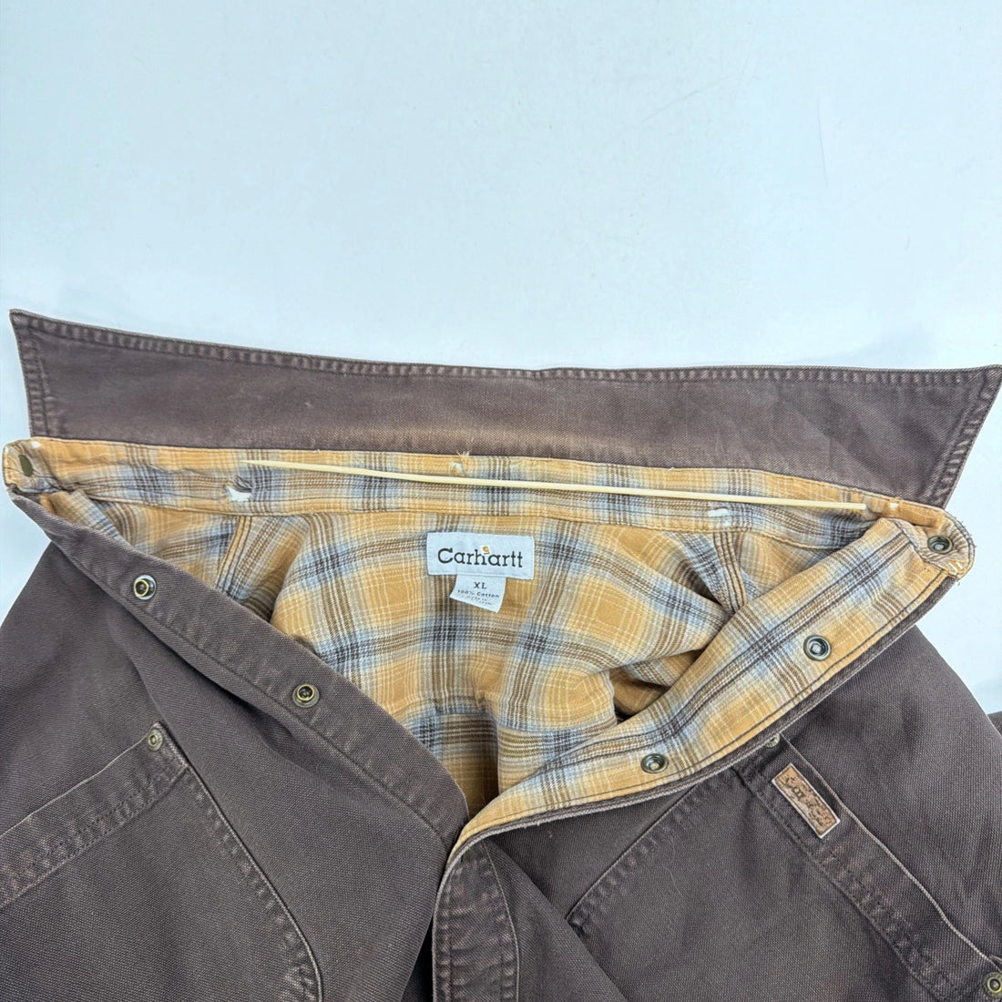 Carhartt Button Up Work Shirt Size XL Brown Plaid Lined