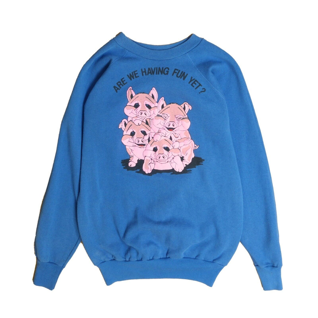 Vintage Are We Having Fun Yet Pigs Sweatshirt Size Large Blue Puff Print 80s 90s