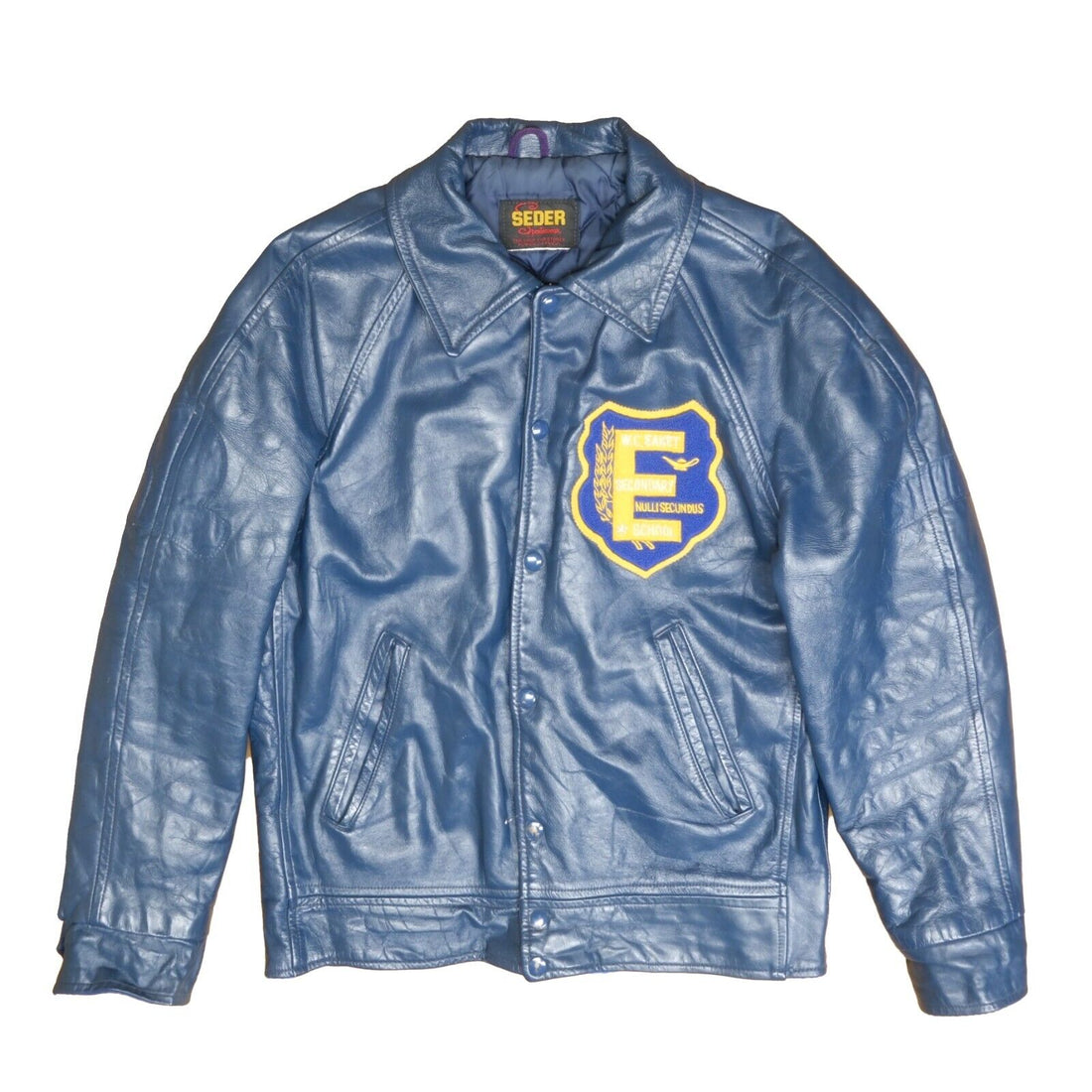 Vintage WC Eaket Leather Varsity Bomber Jacket Size Medium Blue