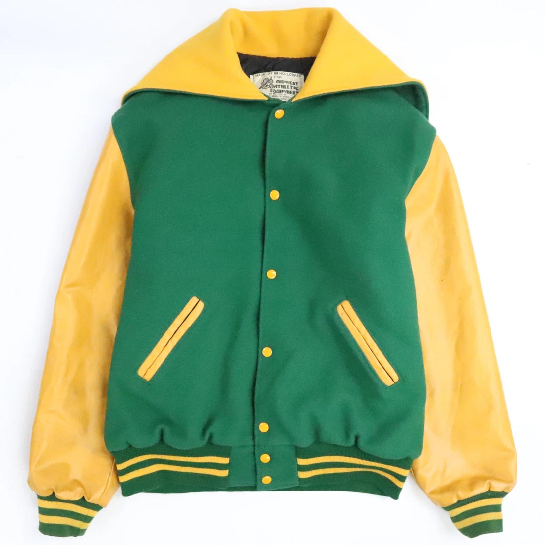 Vintage Holloway Leather Wool Varsity Jacket Size Large Green Yellow