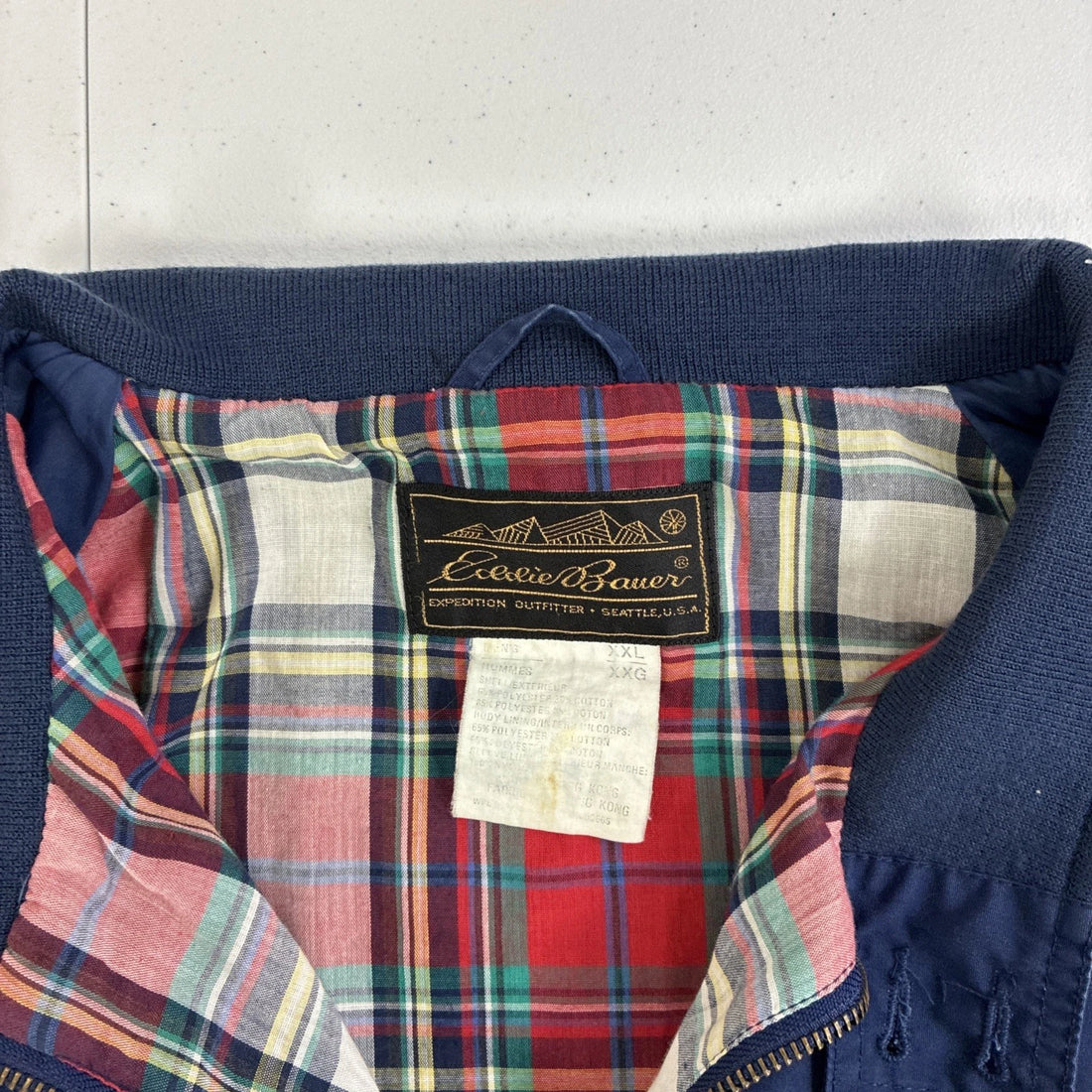 Vintage Eddie Bauer Bomber Jacket Size 2XL Blue Plaid Lined