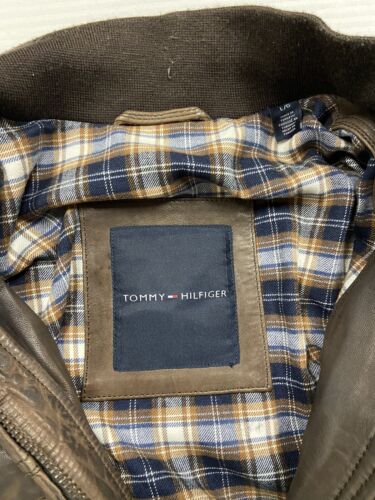 Tommy Hilfiger Leather Coat Jacket Size Large Brown Plaid Lined