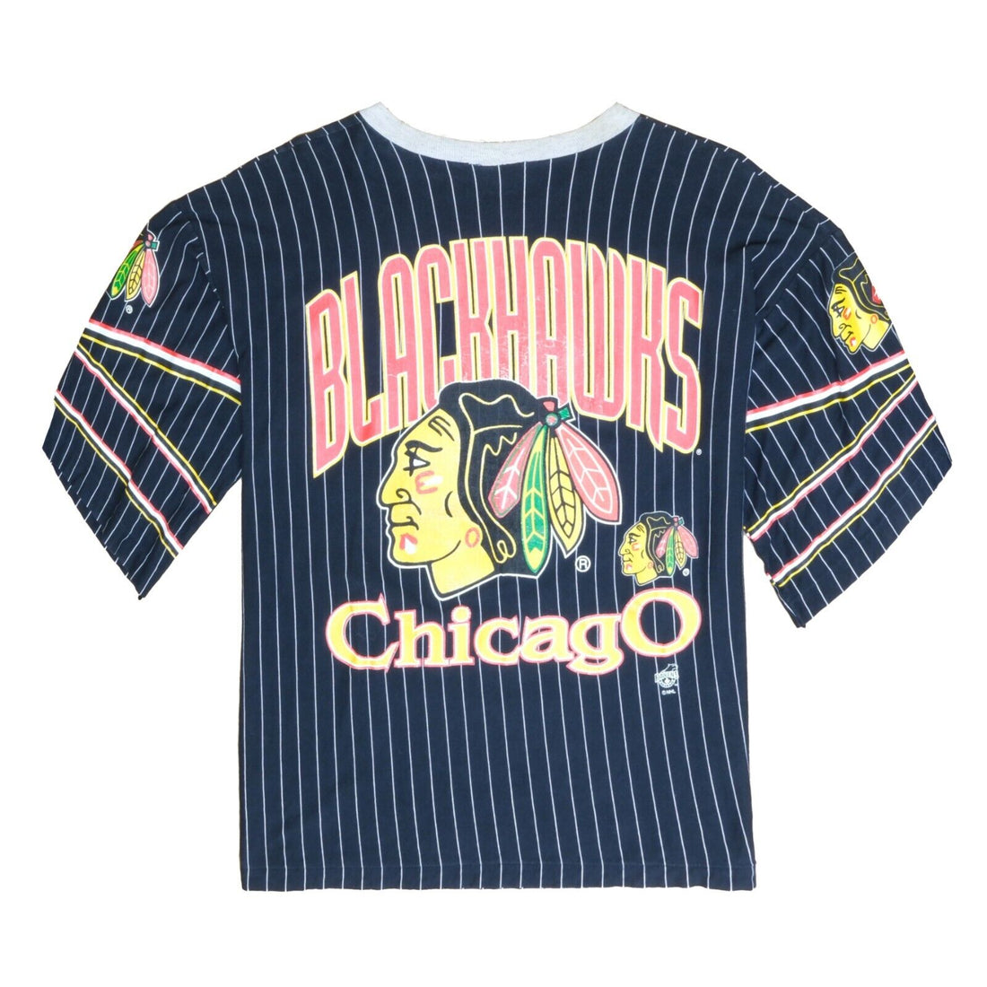 Vintage Chicago Blackhawks On Ice T-Shirt Size Large Black Pinstripe 90s NHL