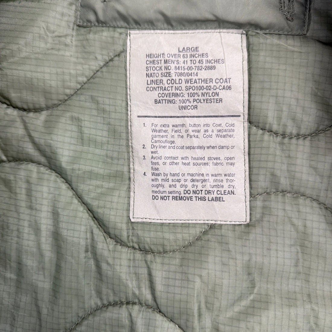 Vintage Military Cold Weather Field Coat Jacket Liner Size Large