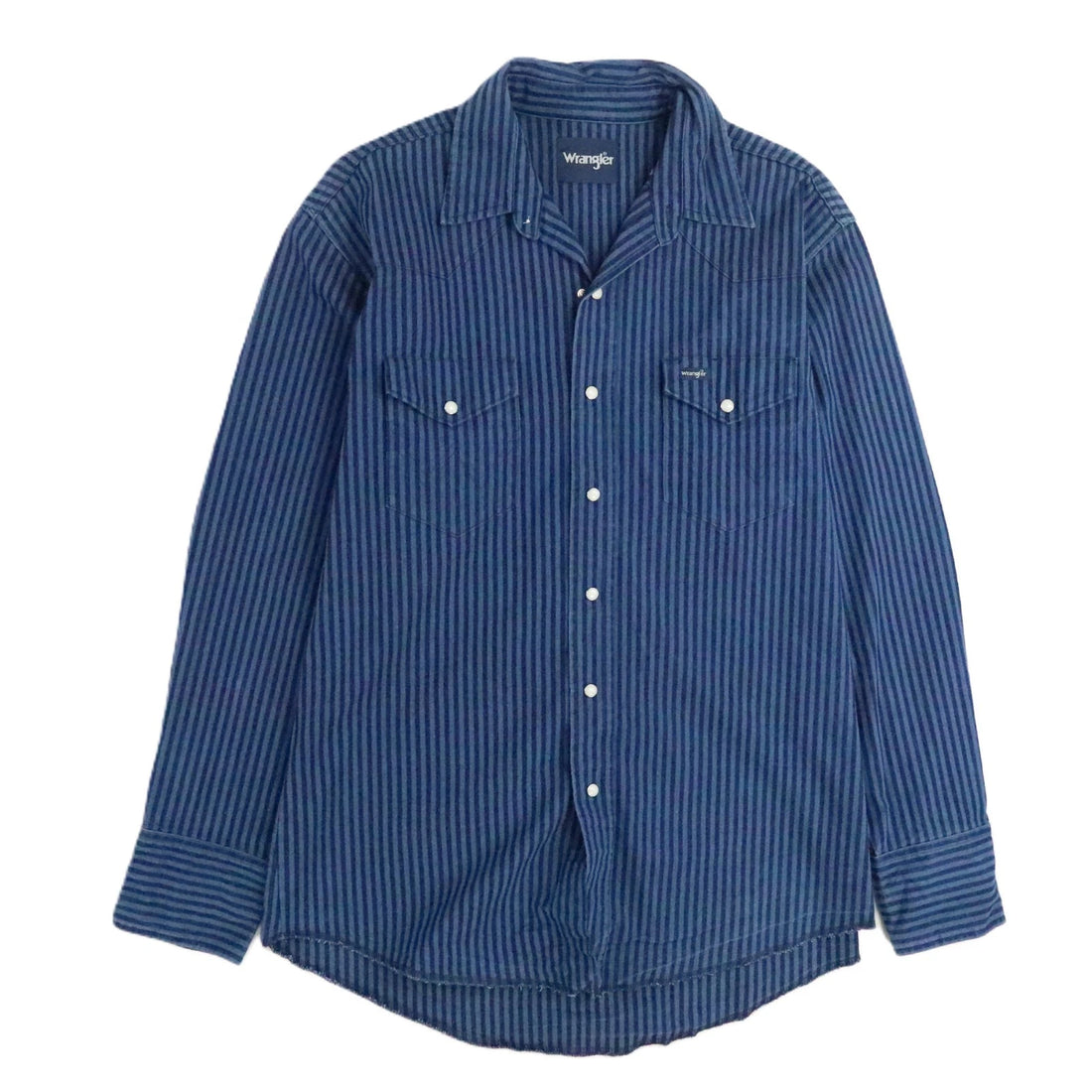 Vintage Wrangler Western Brushpopper Pearl Snap Shirt Large Rodeo Blue Striped