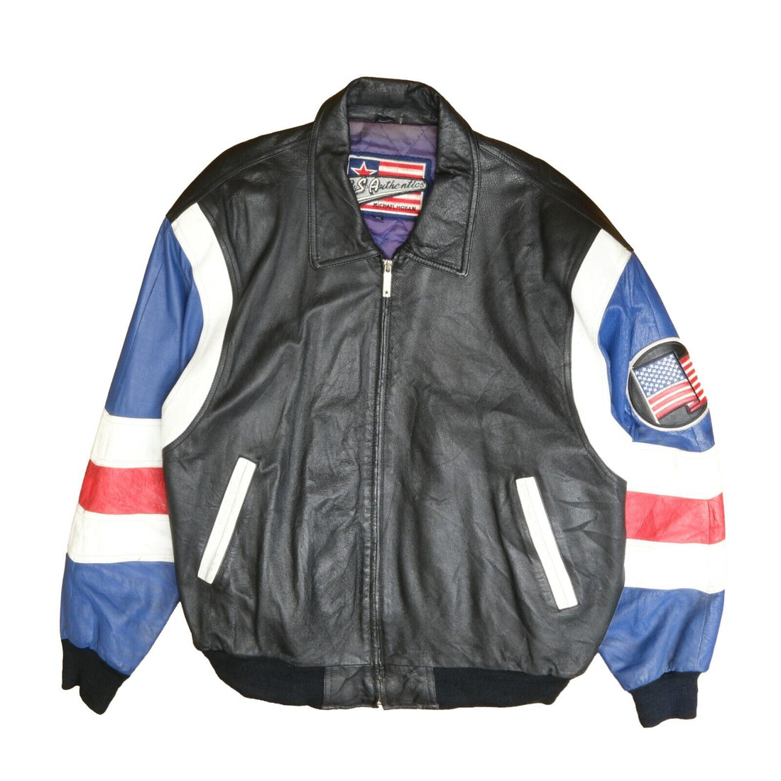 Vintage USA United States of America Leather Bomber Jacket Size XL Flag