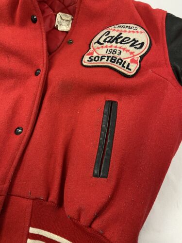 Vintage Lakers Softball Champs Leather Wool Varsity Jacket Size Large Red 80s