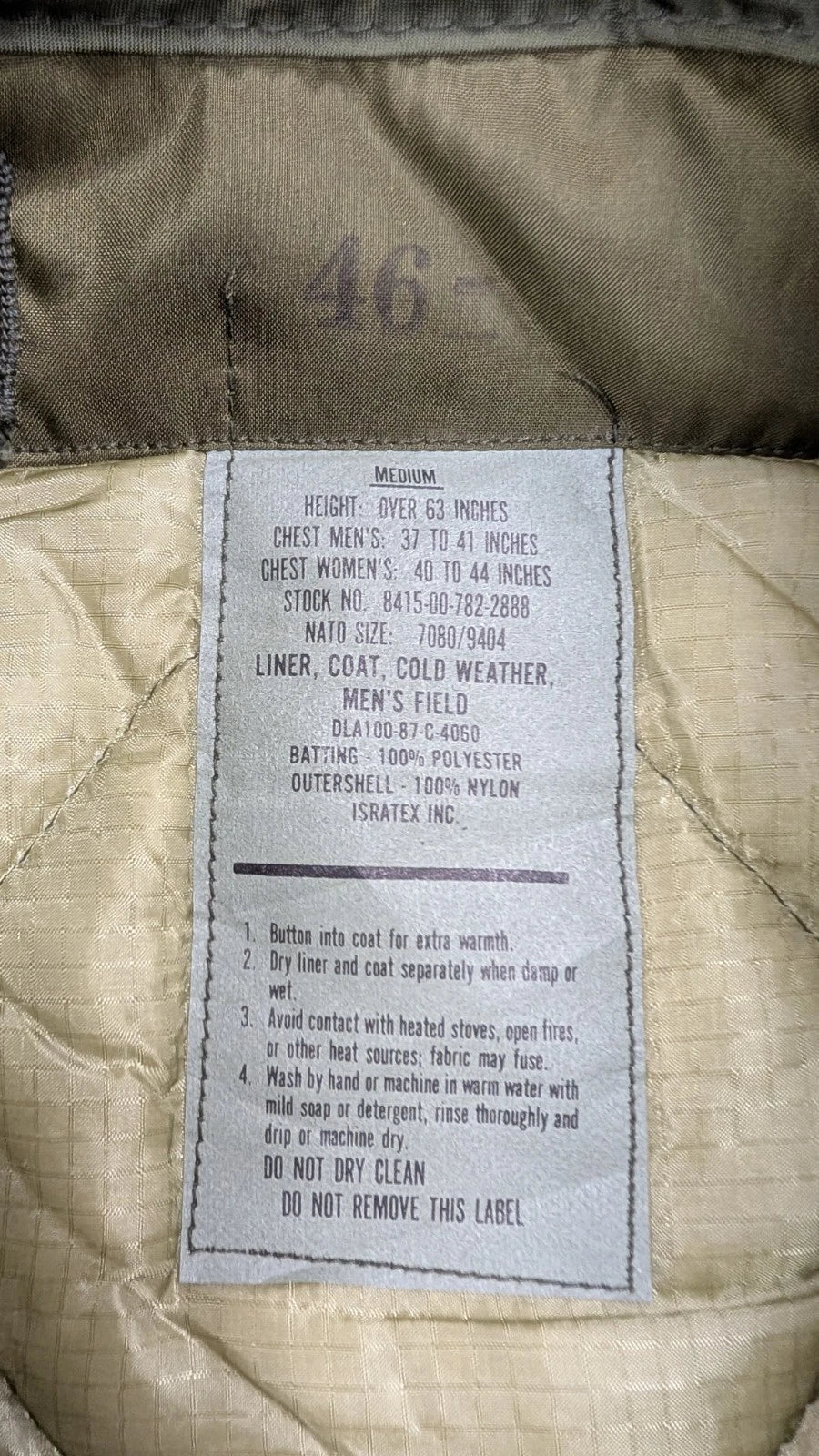 Cold Weather Field Jacket Liner Size Medium Army Military