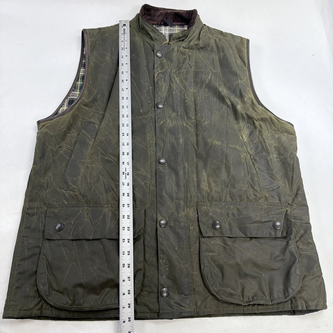 Barbour Waxed Cotton Vest Jacket XL Green Corduroy Collar