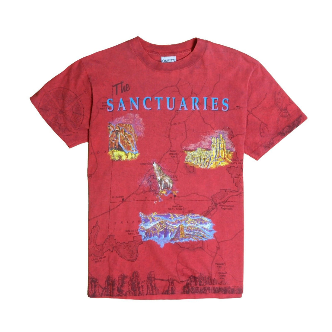 Vintage The Sanctuaries Map T-Shirt Size Medium Red All Over Print AOP 1994 90s