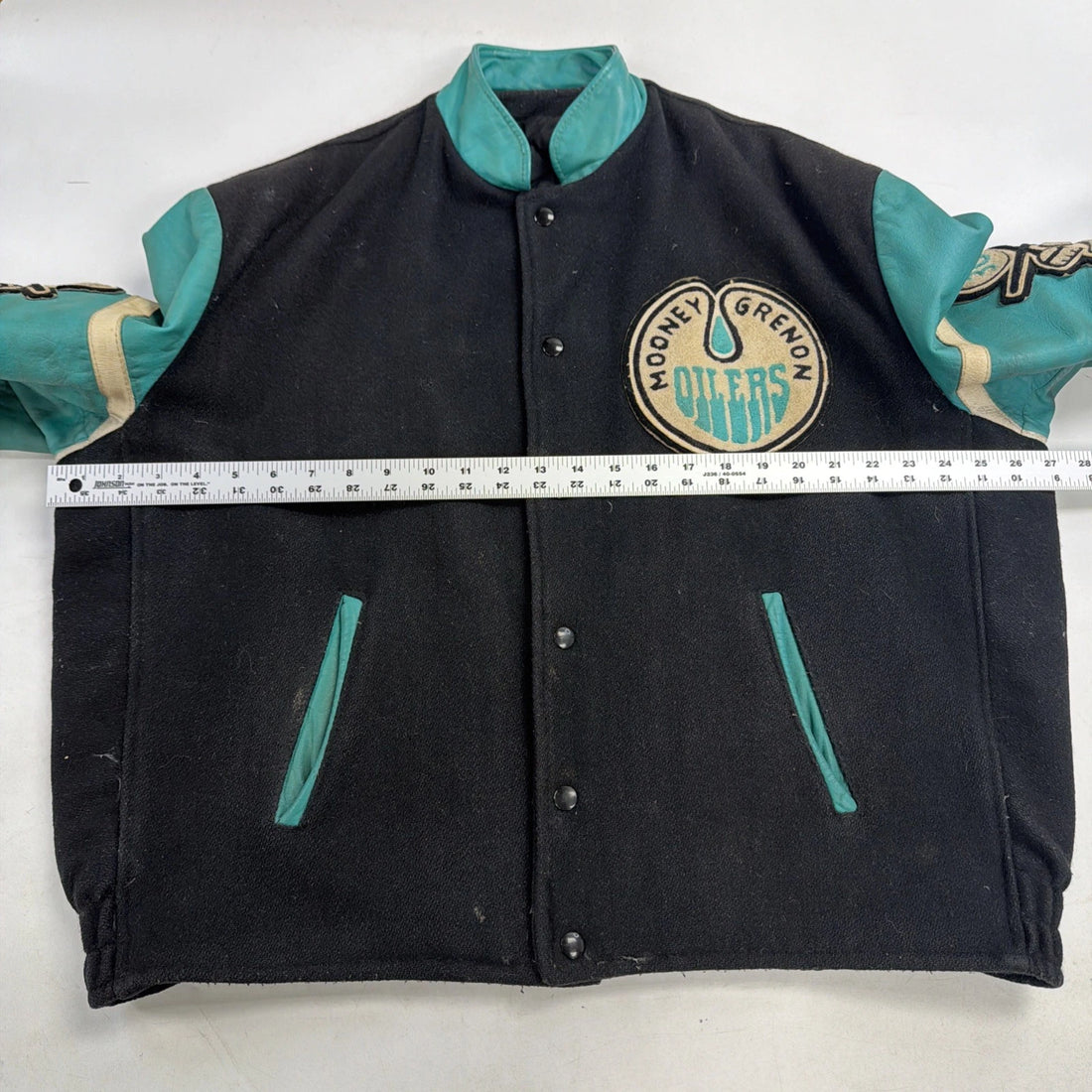 Vintage Mooney Grenon Oilers Leather Wool Varsity Jacket Size 48