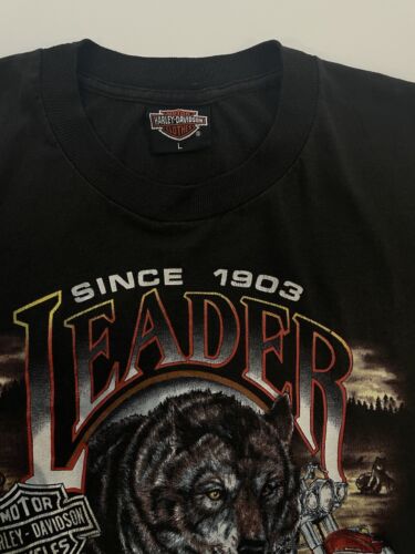 Vintage 3D Emblem Harley Davidson Leader Of The Pack Wolf T-Shirt Large 1990 90s