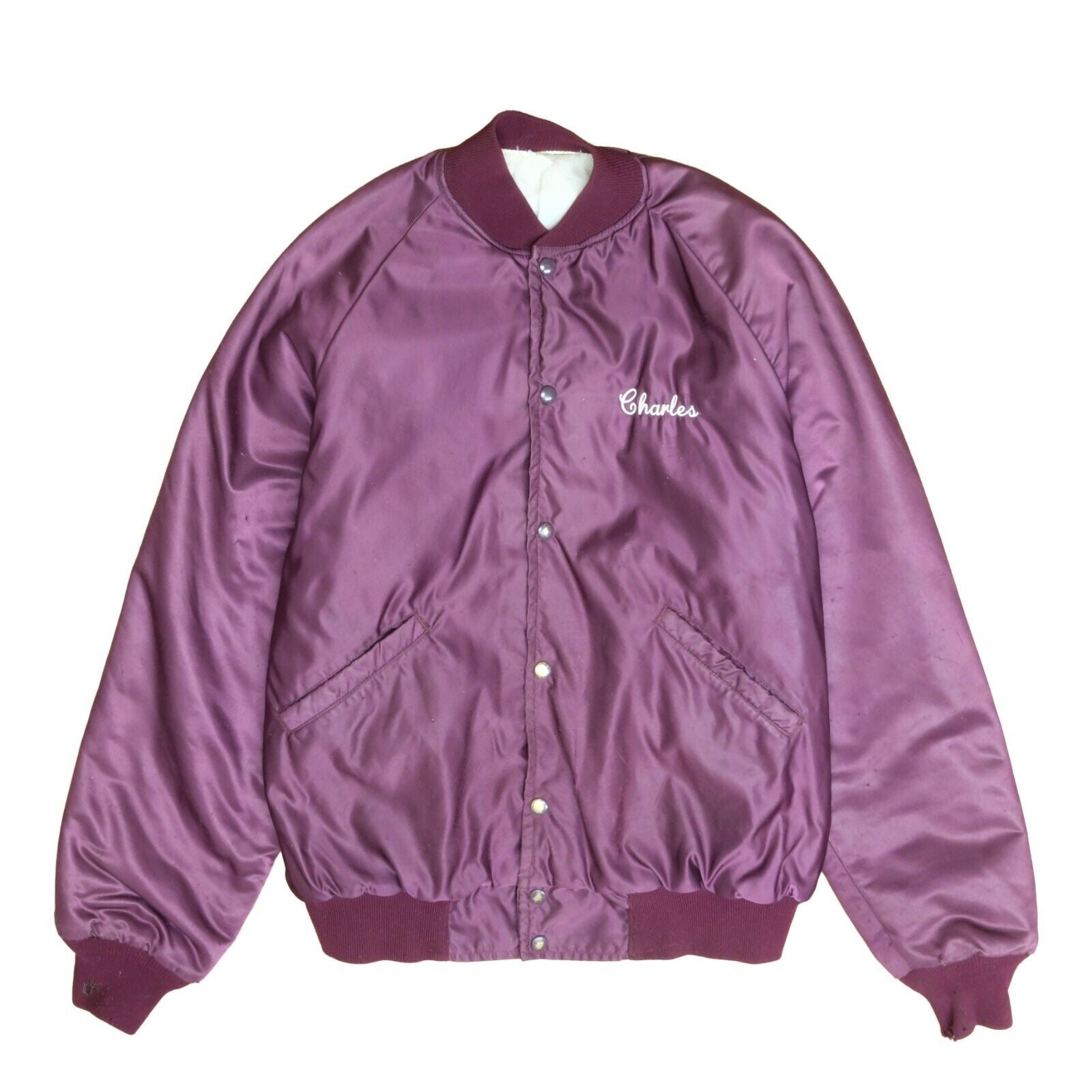 Vintage Renner Corner Satin Varsity Bomber Jacket Size Large Maroon 90s