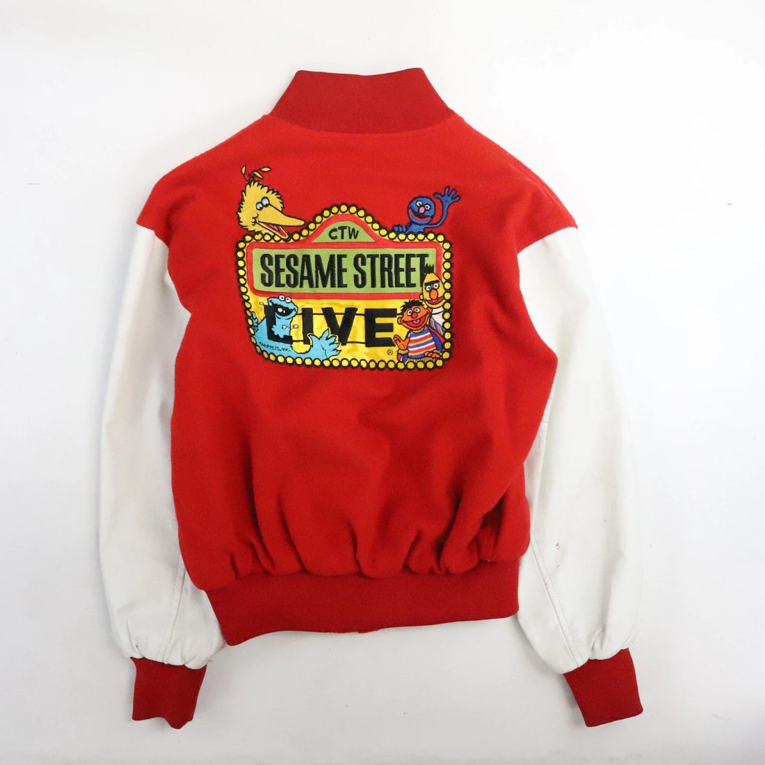 Vintage Sesame Street Live Leather Wool Varsity Jacket Size Large 80s