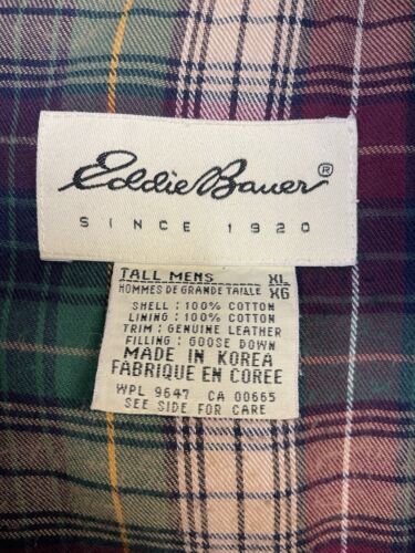 Vintage Eddie Puffer Vest Jacket Size XL Tall Goose Down Insulated Plaid Lined