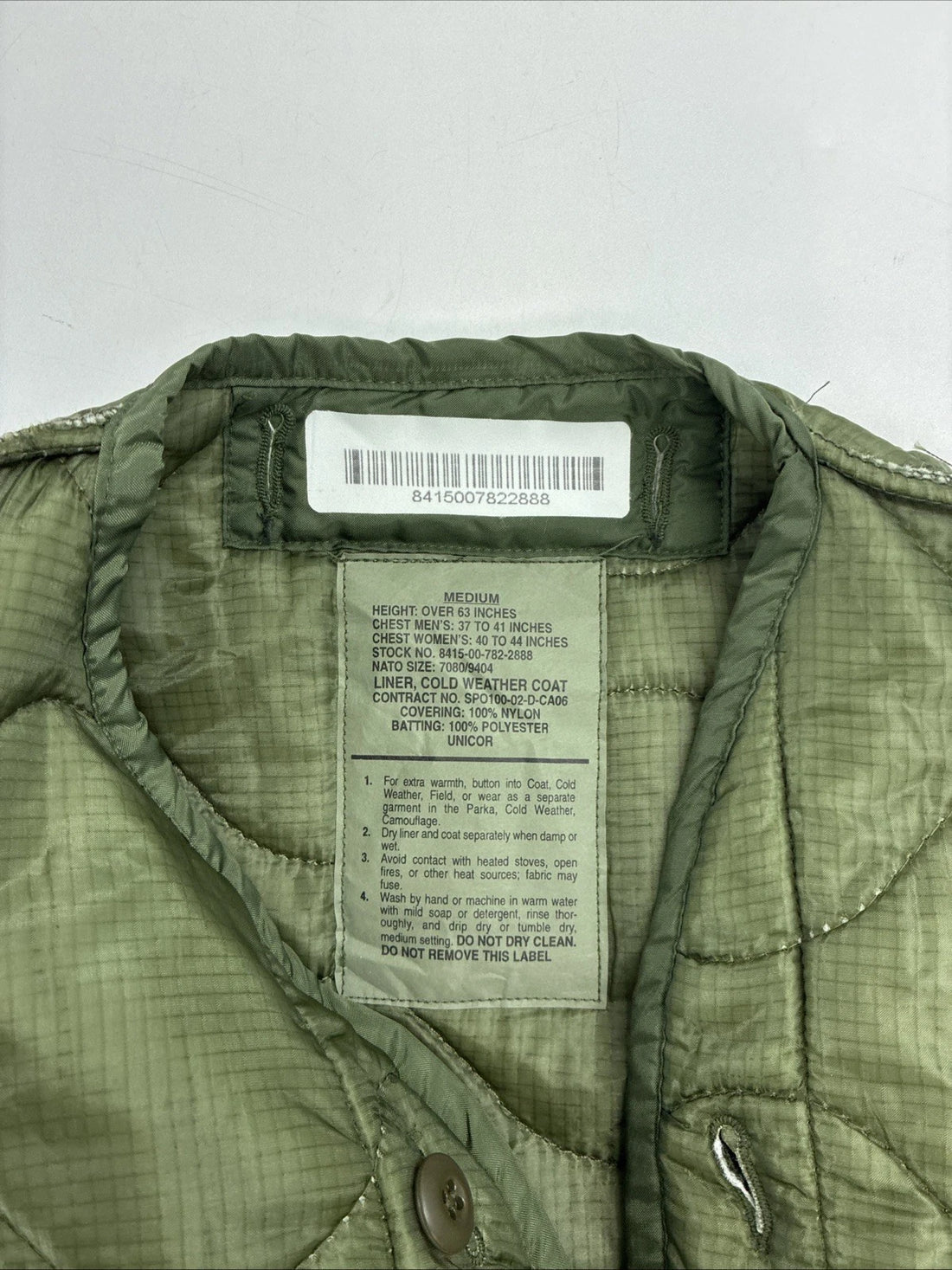Unicor Cold Weather Coat Quilted Jacket Liner Size Medium