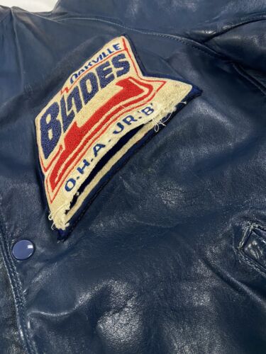 Vintage Oakville Blades Leather Varsity Jacket Size Medium Blue