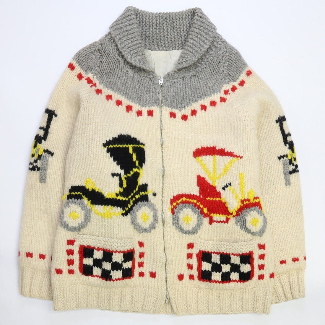 Vintage Car Wagon Racing Wool Knit Cowichan Sweater Size Large Lightning Zip